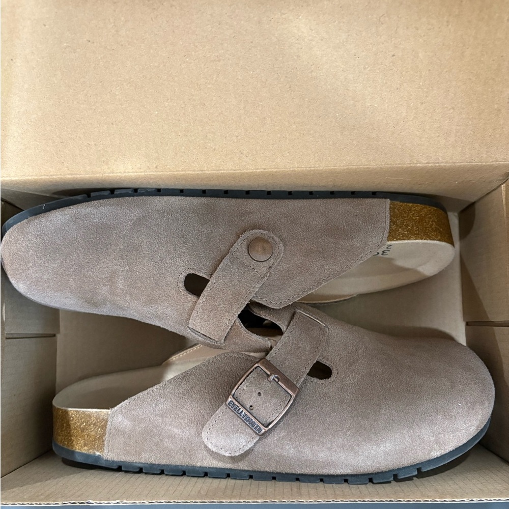 Suede Buckle Clogs with Gold Accent